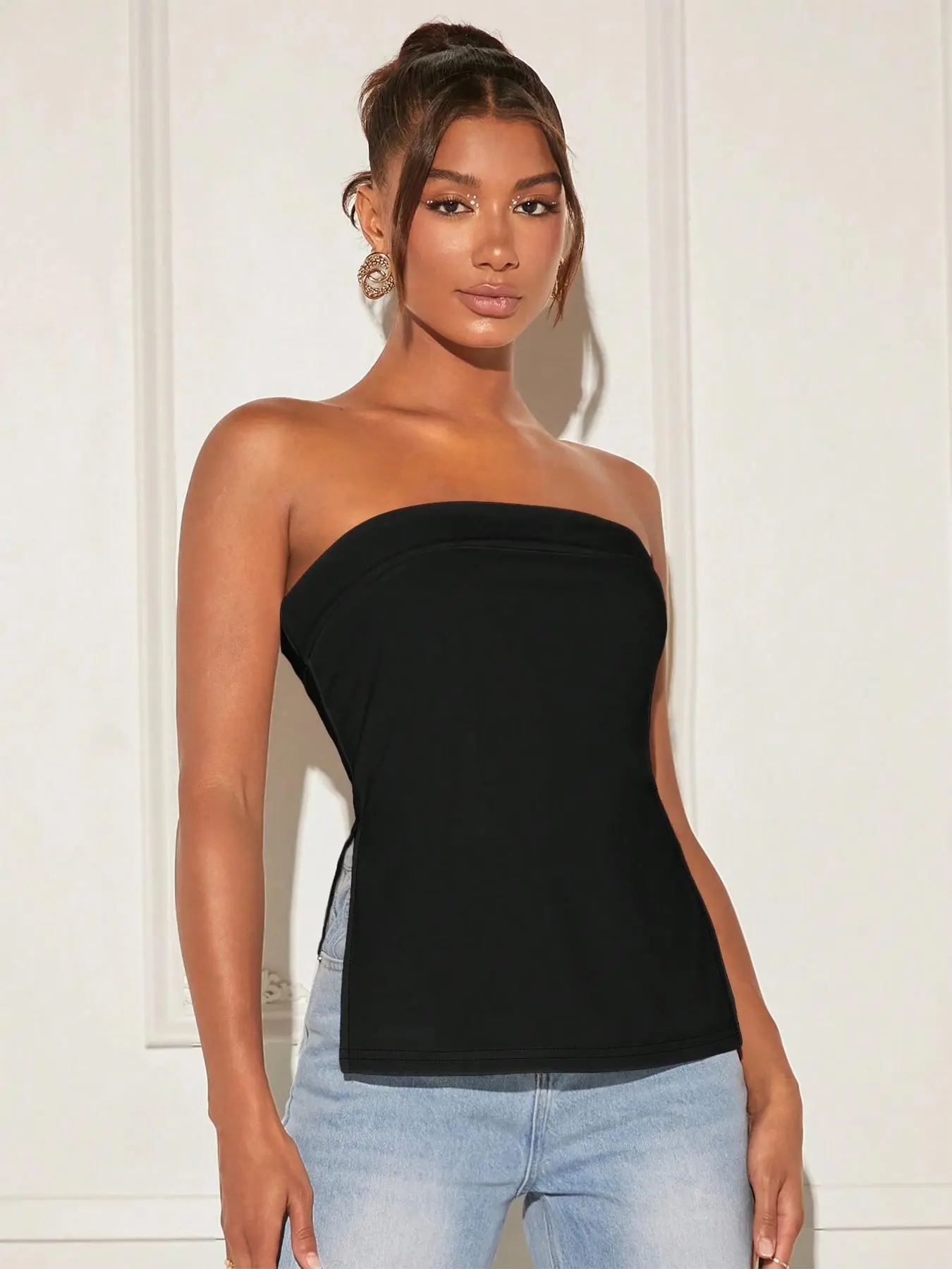 Women's Solid Backless Split Hem Tube Top, Elegant Fashion Strapless Top for Daily Outdoor Wear, Women Clothing for Summer