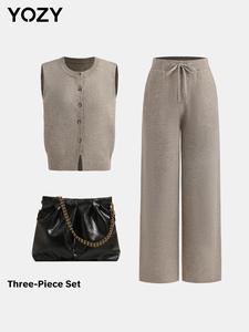 YOZY Women's Solid Button Front Vest & Drawstring Waist Wide Leg Pants & PU Leather Shoulder Bag Set, Casual Fashion Women's Co-ord Set for Daily
