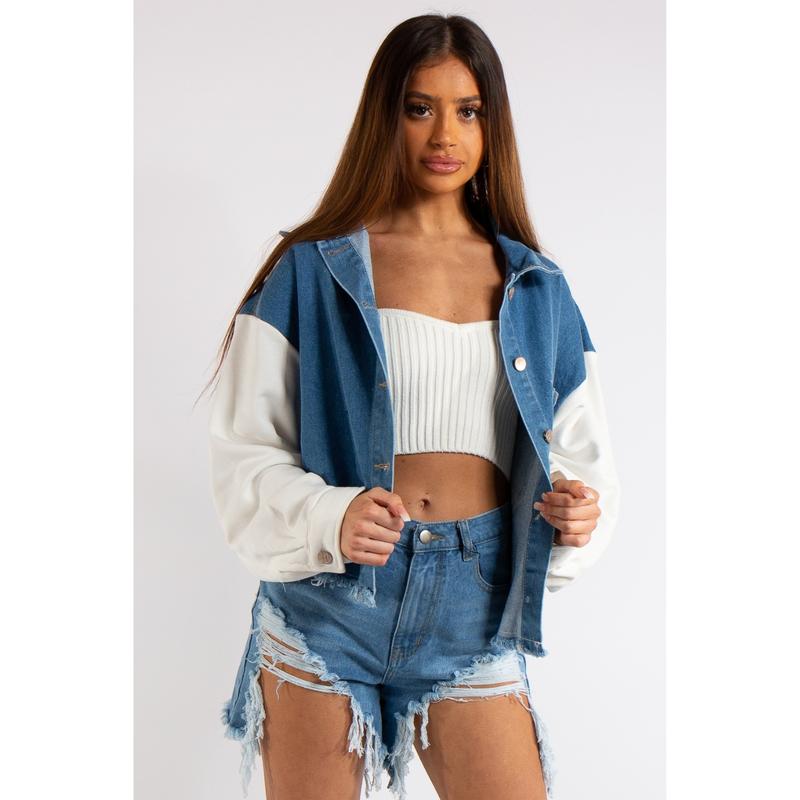 Blue Denim & Jersey Sleeve Combo Frayed Denim Jacket - Raina 1