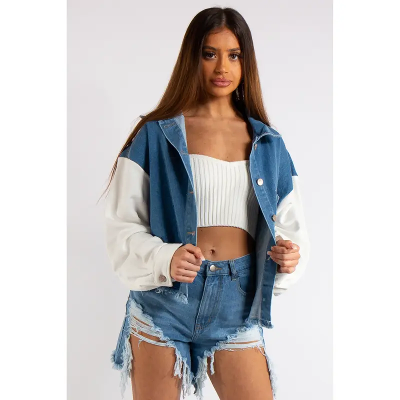 Blue Denim & Jersey Sleeve Combo Frayed Denim Jacket - Raina 1