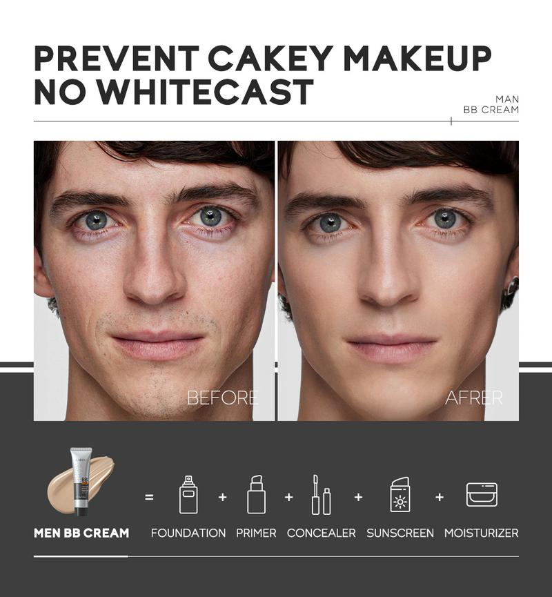 Product Introduction of BB Cream for Men Face Makeup Concealer Foundation Sunscreen Repair Liquid Foundation for Oil Control Brighten Skin Tone 30g Lightweight Waterproof Compact Set Smooth Comfort 15