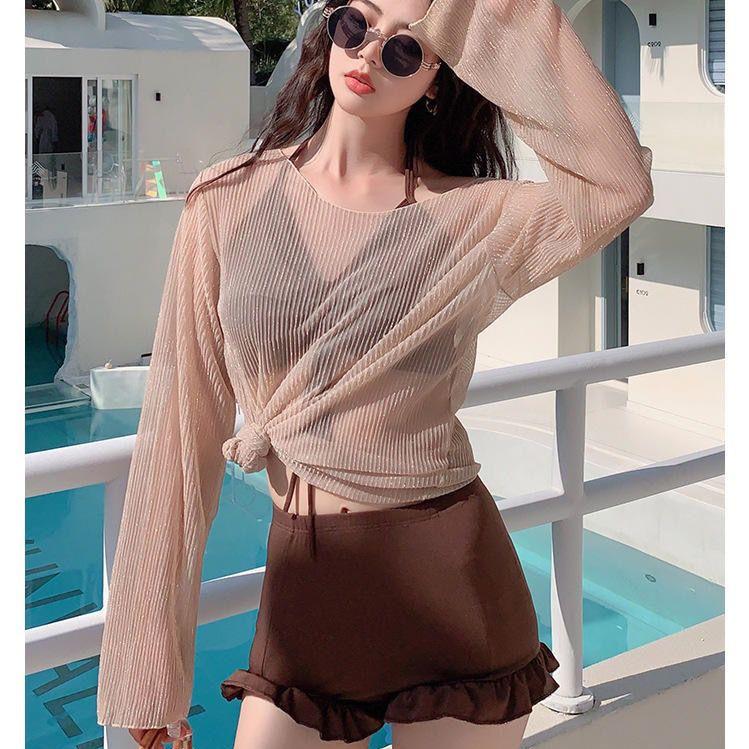 Product Introduction of Women's Swimsuit 2025 New Korean Ins Sexy Three-Piece Set Tummy Control Slimming Gathered Conservative Fairy Style Swimwear 15