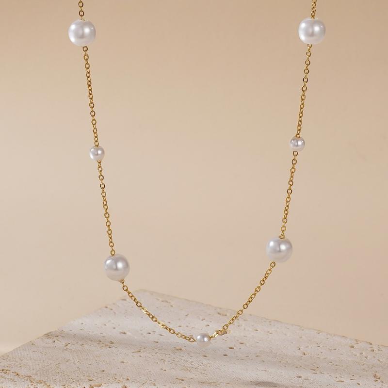 Product Introduction of Europe and America Cross Border Fashion Small Fresh Clavicle Chain Necklace Stainless Steel Necklace Adjustable Titanium Steel Pearl Necklace for Women Imitation Choker 1
