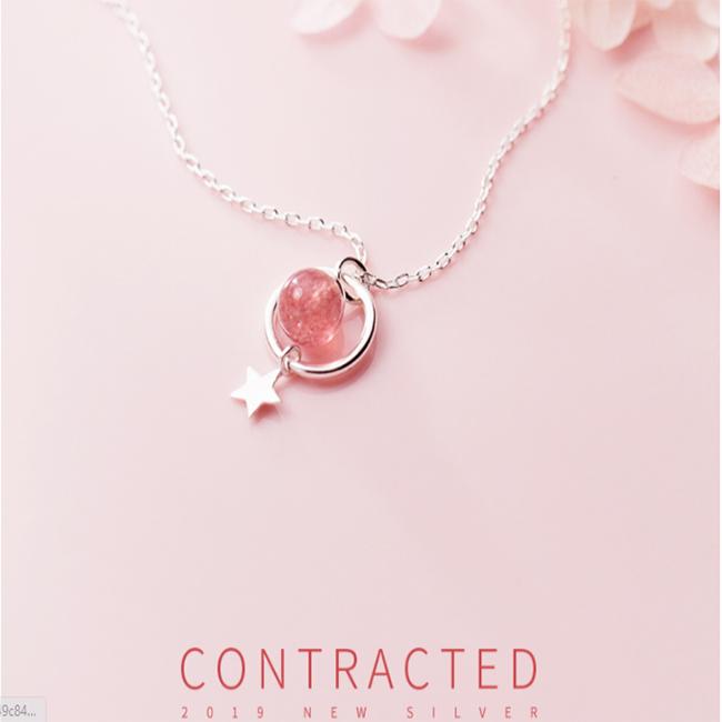  Dây chuyền bạc Ý s925 ngôi sao 5 cánh nhỏ tươi gắn đá dâu tây màu hồng D4233 - AROCH Jewelry 
