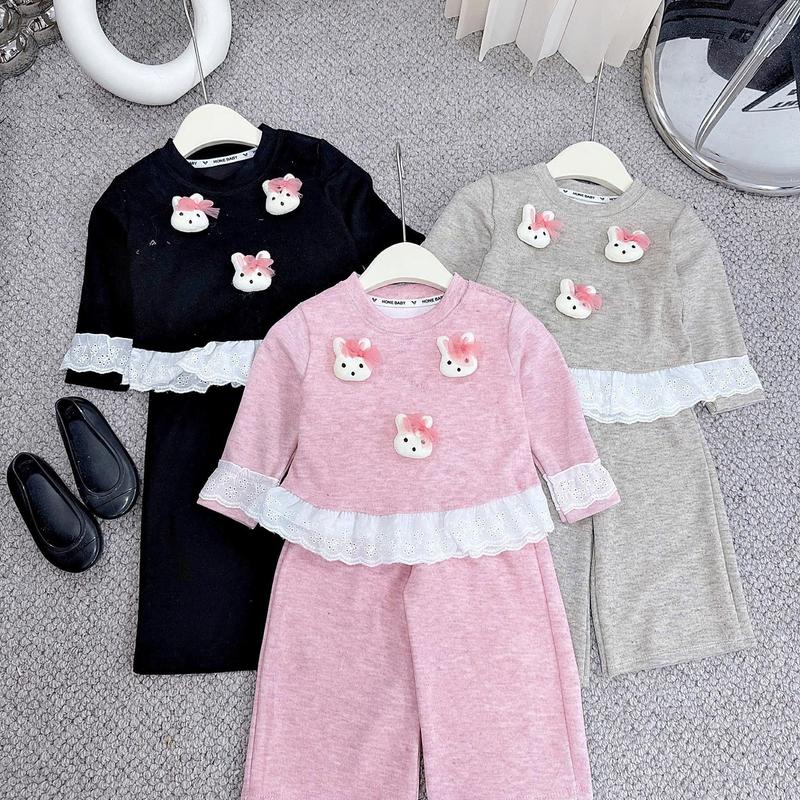 Bộ len lông thỏ, áo tay dài phối quần xuông, chất len lông mềm mịn cho bé gái 8-20kg