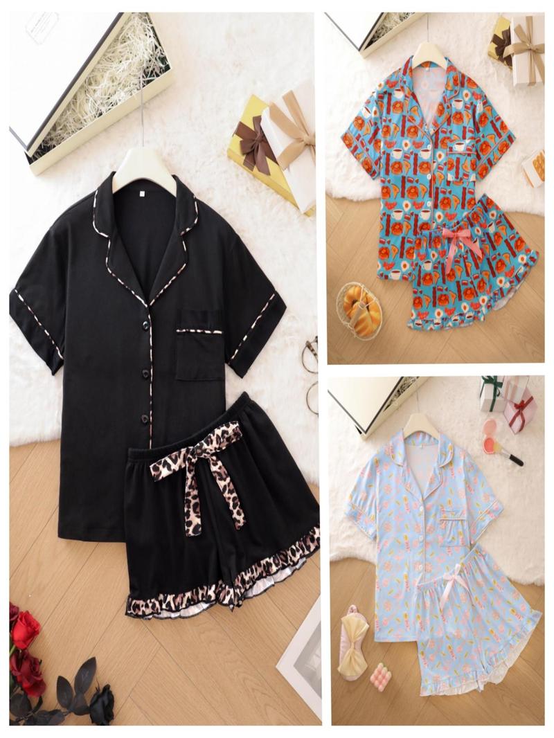 Product Introduction of Women's Leopard & All Over Print Button Pajama Set, Casual Comfy Short Sleeve Top & Shorts Pj Set, Ladies Summer Sleepwear 6