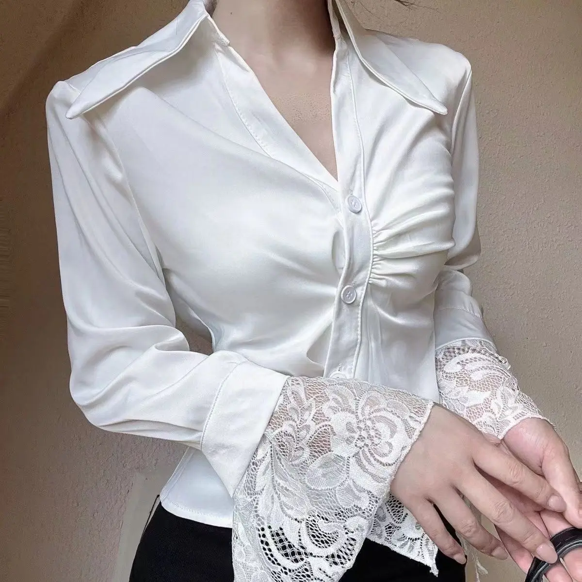 Áo Sơ Mi Dài Tay Cổ Bẻ Khâu Ren Thanh Lịch, Dành Cho Nữ, Hàng Mới Về Mùa Thu 2024, Cao Cấp, Ôm Sát Eo, Áo Sơ Mi Sang Trọng