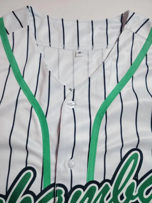 Men's Letter & Number Embroidery V Neck Baseball Jersey, Loose Striped Print Short Sleeve Button Sports T-shirt, Casual Breathable Baseball Jersey for Outdoor Sports 6