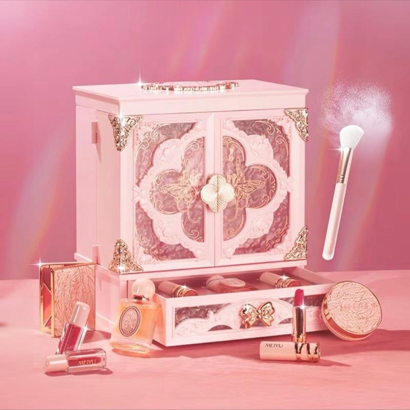 Bộ Trang Điểm Quà Tặng MEIYU hồng 14 món dạng hộp cốp trang điểm phong cách hoa biếc kèm gương LED - Quà tặng cho bạn gái - người yêu nhân ngày valentine, 8/3, Cosmetic Perfume