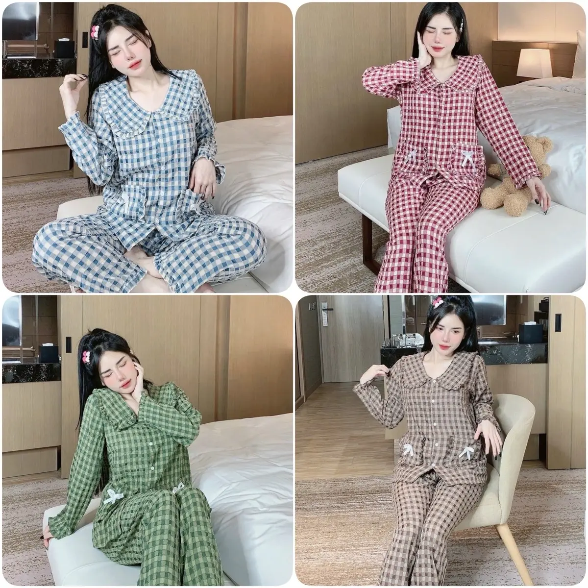 BỘ Kẻ Karo Nơ 2 Túi, Chất Liệu Thô Boi phối Nhung Mềm, Đỏ, Đen,nâu,hồng,xanh lá, xanh dương. Phom 40 đến 58kg,Quan Có Tui Áo Nữ Women