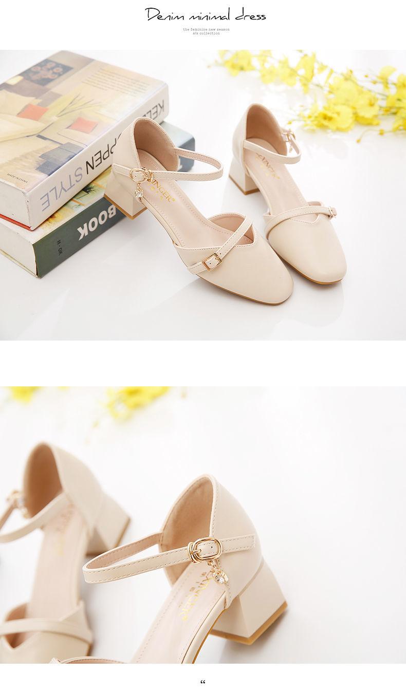 Product Introduction of Toe Box Shoes Women's High Heels Mid Heel Summer Chunky Heel Square Toe Hollowed Sandals Buckle All-Match Shallow Mouth Low Heel Shoes 12