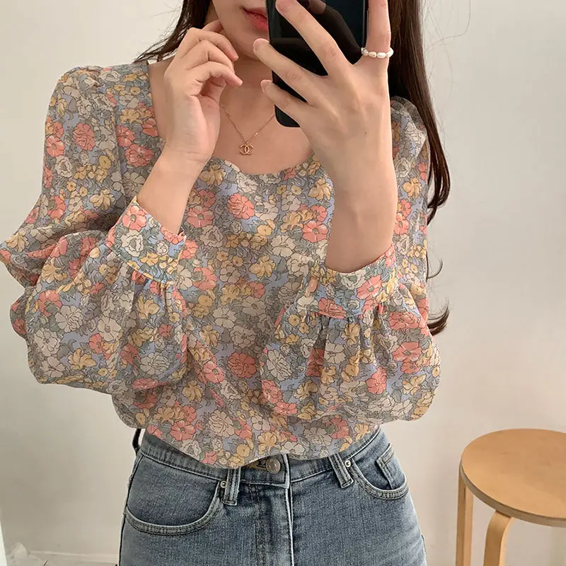 Sweet age-reducing floral retro square collar long sleeve shirt loose chiffon top