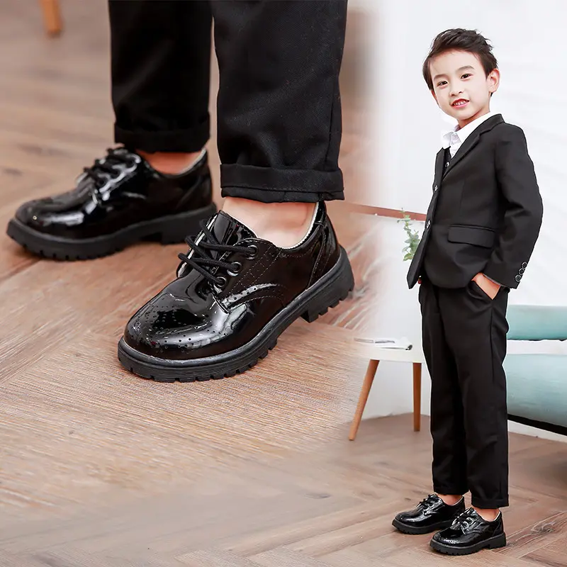 2024 Spring and Autumn New Casual Lace-up Black Boys' Leather Shoes Hollow Slip-on Breathable British Korean Style Little and Medium Boys Shoes