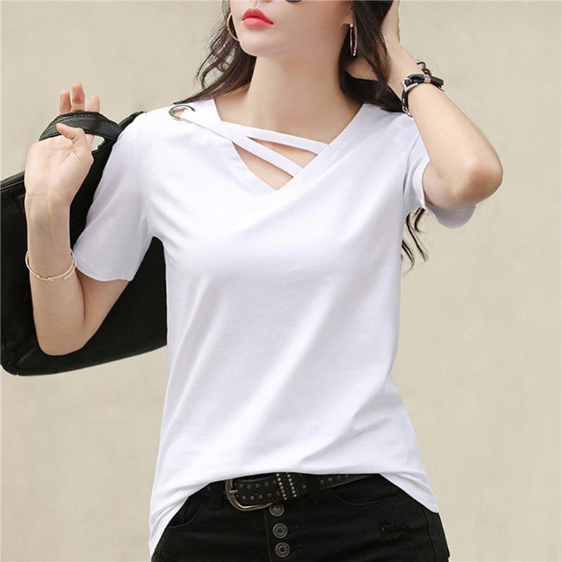 New Summer Short Sleeve Women White T Shirt Women V Neck Loose Korean ...