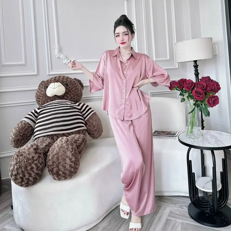 Set Sơ Mi Lụa Latin Tay Lỡ Quần Dài Có Túi (Freesize40-70kg) Women Nữ Áo 4