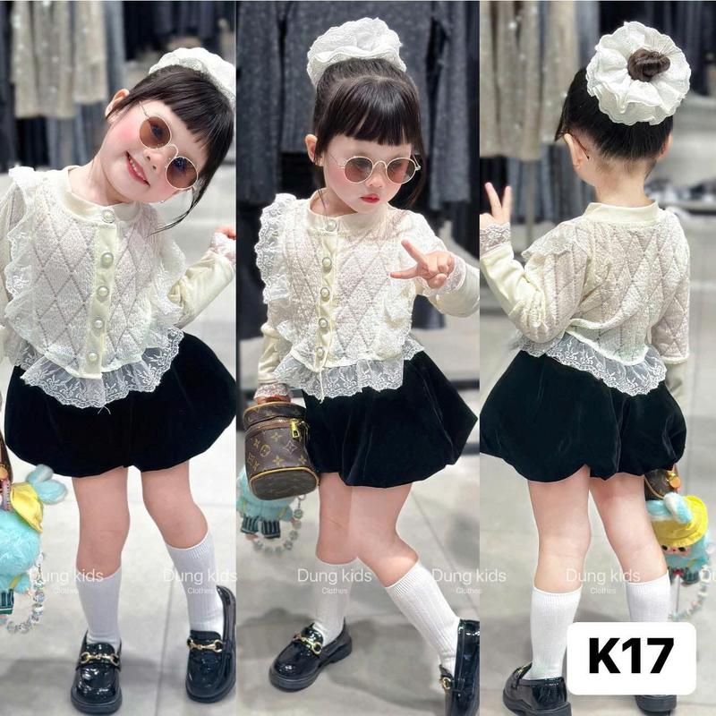  Dung Kids 05 - K17 Set Áo Bèo Ren Dài Tay Khuy Ngọc Kèm Quần Bí Phồng Điệu Đà Cho Bé Yêu 