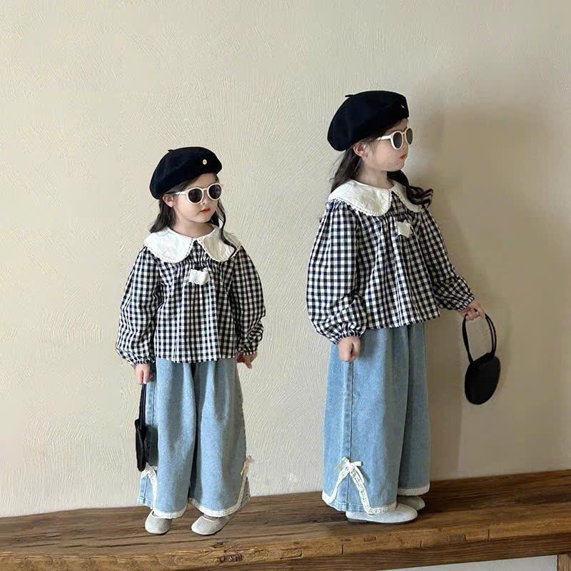 QUẦN ÁO BÉ GÁI-- SET ÁO KẺ BABYDOLL DÀI TAY + QUẦN BÒ XUÔNG
