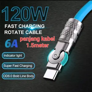 [1.5m] rotasi 180° kabel cable gaming fast charging 6A 120w bahan silicon kompatibel untuk micro type c iphone 180 derajat Lentur Panjang Ponsel