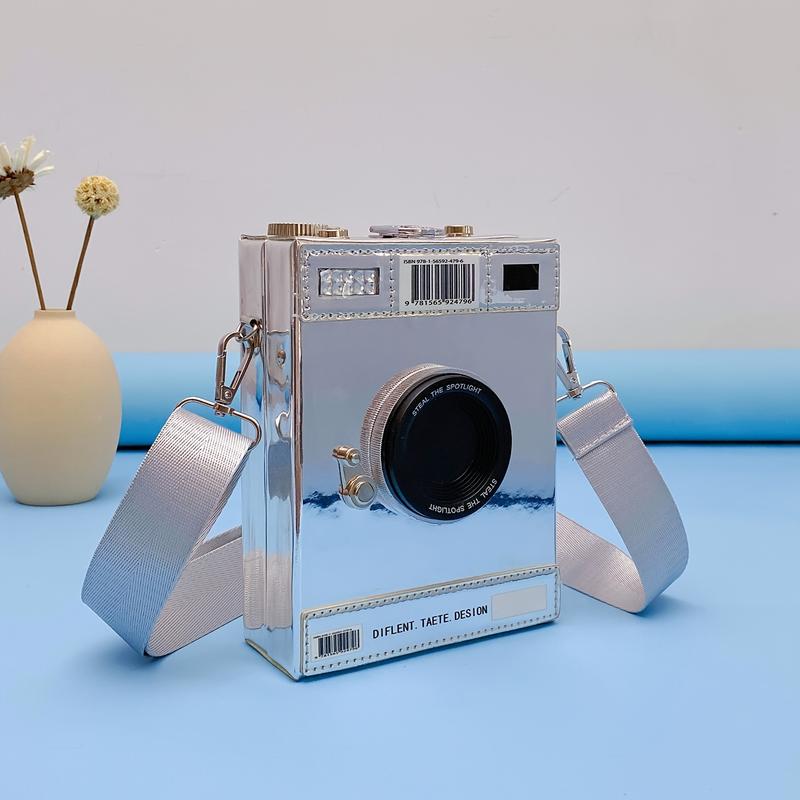 Product Introduction of Mini Camera Design Box Bag, Fashion Letter Patch Decor Crossbody Purse With Wide Strap 4