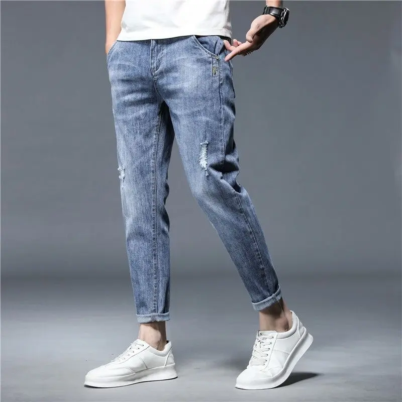 Quần Dài Jean Nam, Thương Hiệu Hợp Xu Hướng Phong Cách Hàn Quốc, Thích Hợp Cho Mùa Hè, Mỏng Và Hợp Xu hướng, Ống Đứng Và Co Giãn, Dáng Ôm, Quần Jean Mỏng, Thường Ngày, Quần Dài Nam 1