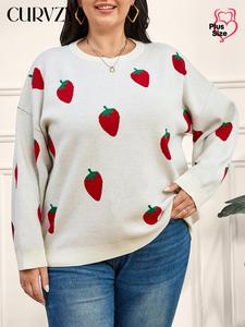 CURVZY Plus Size Strawberry Print Drop Shoulder Sweater, Casual Long Sleeve Round Neck Jumper for Fall & Winter, Women's Clothing for Daily Wear