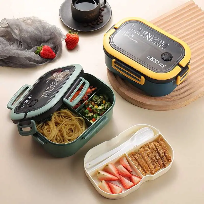 Kotak Makan Anti Tumpah Lunch Box Double Layer 3 Grid 1.2L