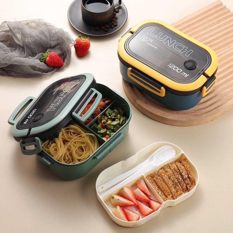 Kotak Makan Anti Tumpah Lunch Box Double Layer 3 Grid 1.2L 0