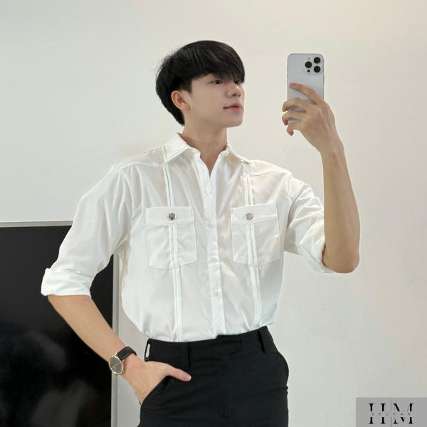 Áo sơ mi unisex dài tay ESEATIDE phối khuy kim loại và xếp ly cá tính kaki hai da cao cấp SIXHUMAN HM1230