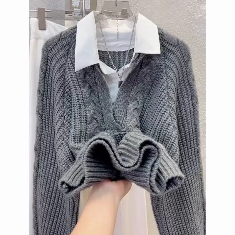 Áo Chui Đầu, Cổ Polo, Dài Tay, Thiết Kế Xấu, Áo Hai Mảnh, Thích Hợp Cho Mùa Thu Và Mùa Đông, Phong Cách Pháp Cổ Điển, Áo Len Nữ Độc Đáo, Áo Len Women Top Sọc Kẻ Xám