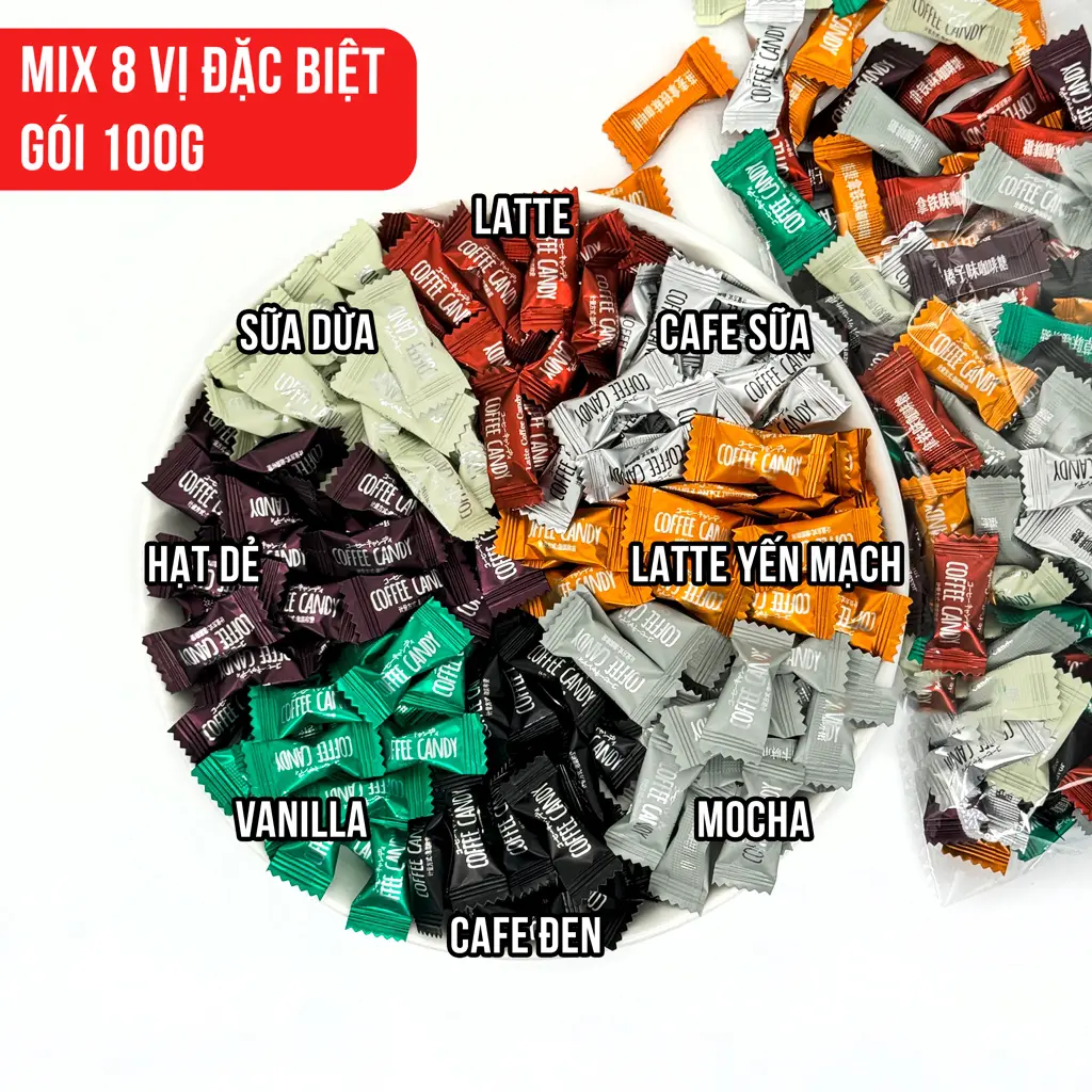 [ 1 bịch 100 viên ] Kẹo cà phê coffee candy mix 8 vị - kẹo cà phê tỉnh ngủ, cafe không đường, kẹo coffee mix đủ vị