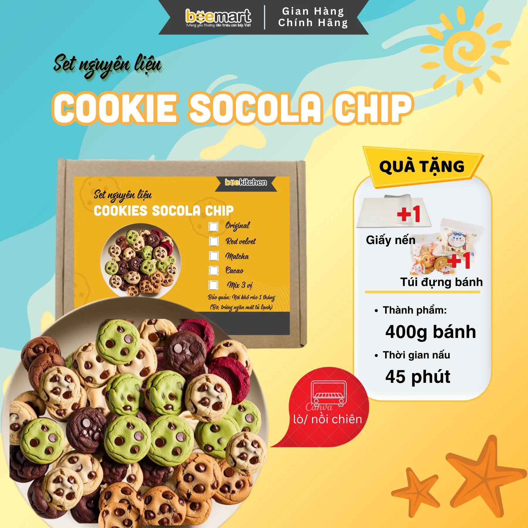 Set làm cookie chip đơn giản, ít ngọt, nhiều hương vị từ set nguyên liệu nhà Bee(Thành phẩm 20 chiếc) - Snack Ăn Vặt, làm quà tặng Food Thức Ăn Bánh Quy cookies crinkles