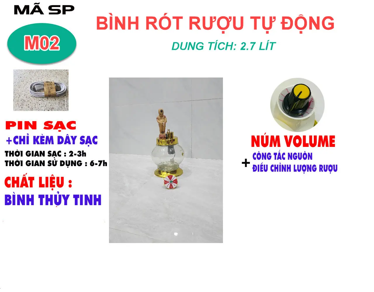 Bình rót ru điện tử thủy tinh cao cấp 2.7lit