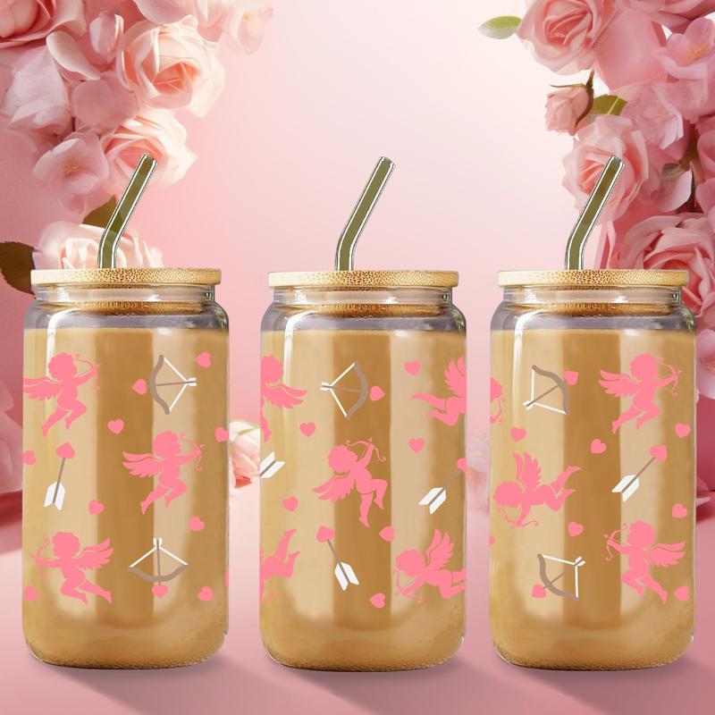 Product Introduction of Heart & Cupid Pattern Glass Cup with Straw & Lid, 1 Count 16oz Heat Resistant Drinking Cup, Creative Drinkware for Home Office Use 4