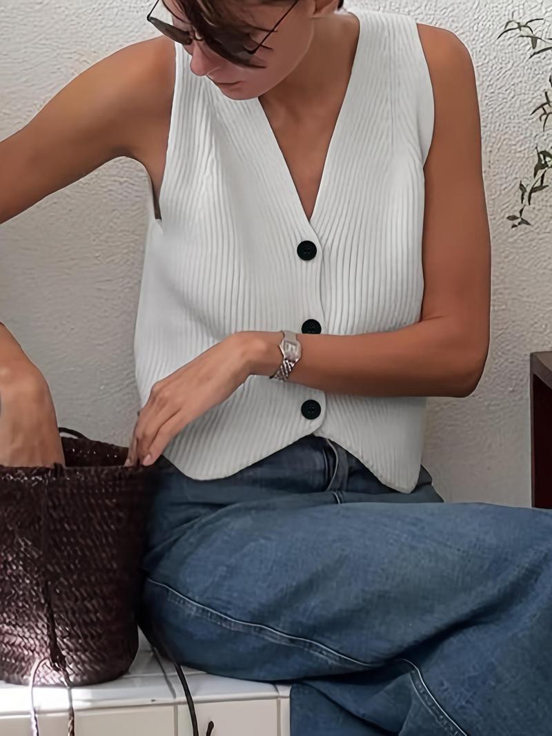 Product Introduction of Women's Solid Color V Neck Button Closure Tank Cardigan, Casual Sleeveless Knitwear for Summer, Fashion Women's Knit Clothing for Daily Wear 1