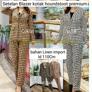 Setelan blazer wanita kotak houndstoot linen import RaumShop Jass kantor wanita Casual Formal