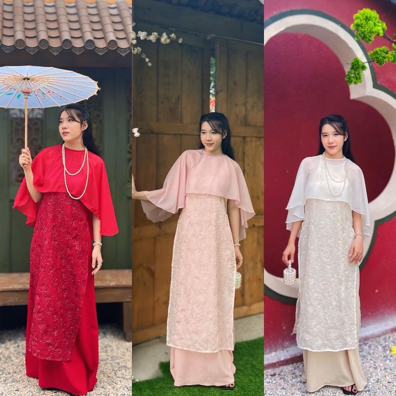 Đầm yếm kèm áo choàng tết kem đỏ hồng Bigsize - Orimi