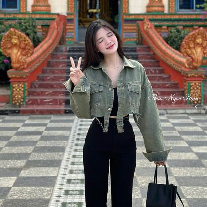  Áo khoác jean nữ croptop tay dài line rách kiểu! THẢO NGỌC STORE Women 