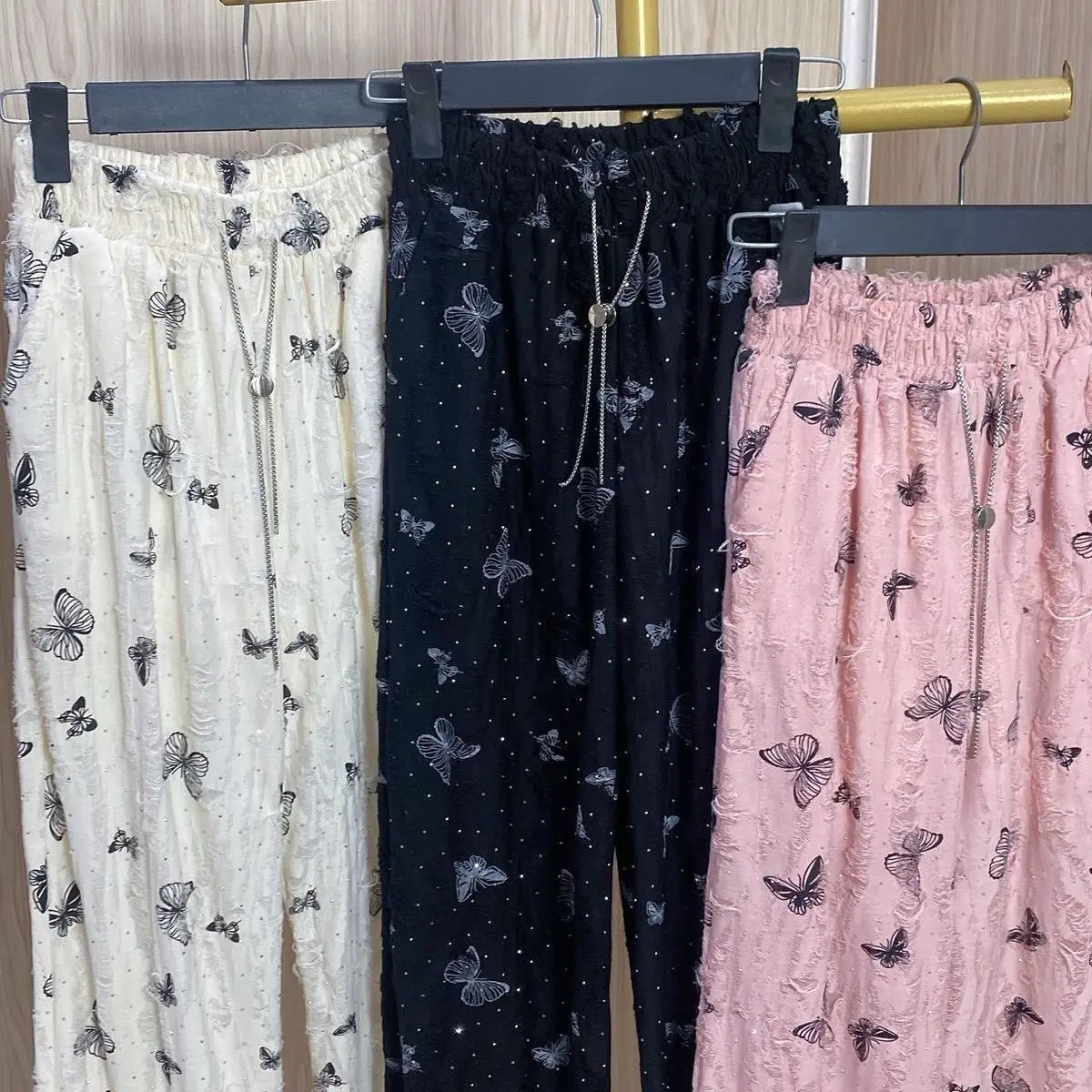[CÓ QUẦN LỚP LÓT] Combo 2 Quần Ống Suông Chất Đũi Đá Rách Hình BướmCO Dãn Thoải Mái Pants, Ong - Nữ - Women