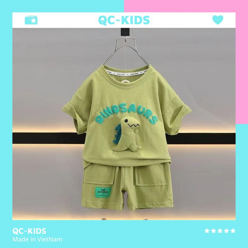 Quần áo trẻ em mùa hè, bộ quần áo cộc tay bé trai bé gái chất liệu cotton đính tặng khủng long cho bé 8-18kg
