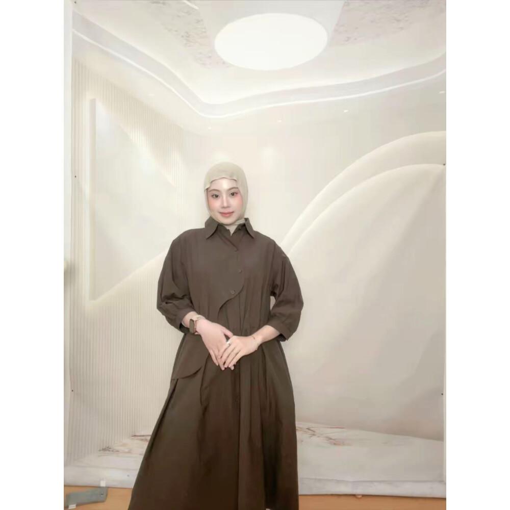PO30 CHICMORE Gaun kemeja lengan tiga perempat dengan warna polos dan rok midi