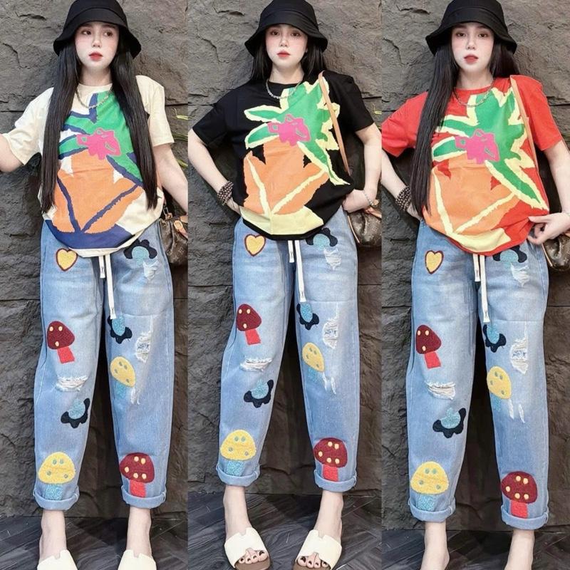  SÉT BỘ ÁO THUN COTTON IN HÌNH  chiếc lá  phối quần jeans baggy nữ lưng thun  hình nấm thêu xù  nữ - Tuhaodobo 