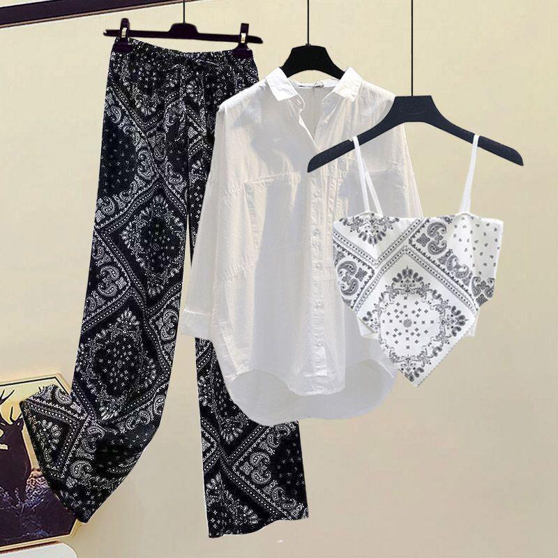 Product Introduction of Hi Mia's Shop | plus Size Women's Clothing Summer Suit Women 2024 New Western Style Youthful-Looking Slim Shirt Small Sling Wide Leg Pants Three-Piece Set 2