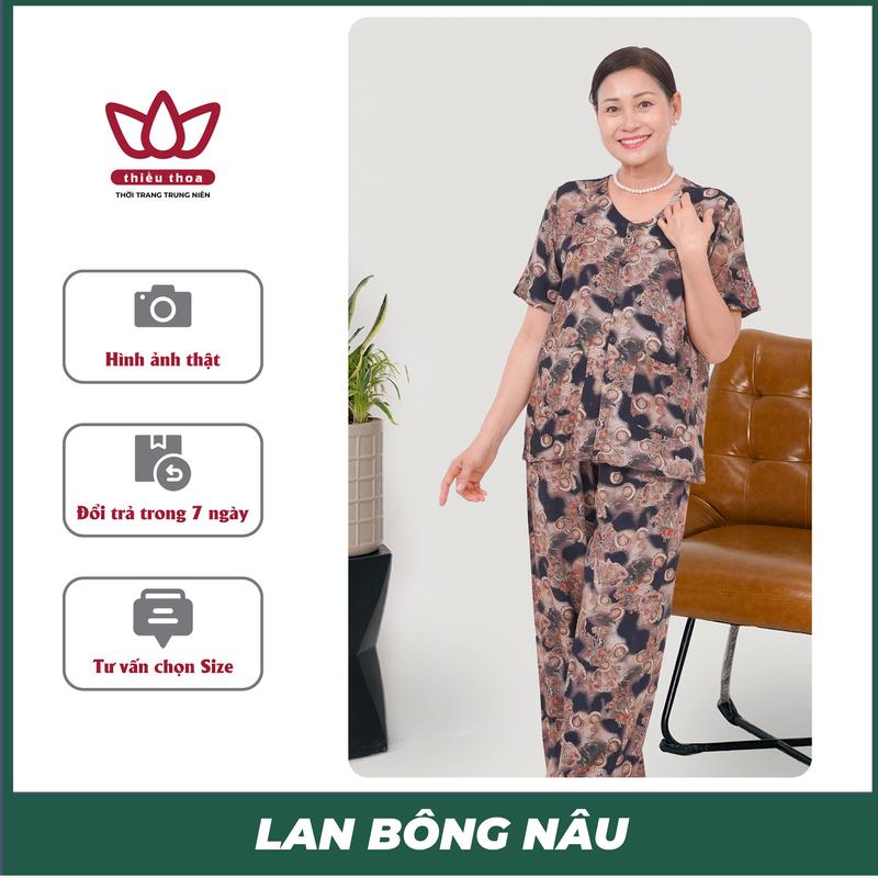 Đồ Bộ Tole Nữ Mặc Nhà Trung Niên Hè 2025 Thiều Thoa Hoạ Tiết Màu, Tay Cánh Tiên, Quần Dài Top Sản Phẩm Bán Chạy lụa mango tấc 9