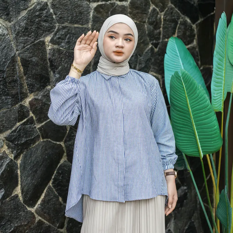 ELF STORE - KARA Kemeja Atasan Salur Stripe Katun LD Jumbo Wanita Muslim Panjang Kekinian Baju Oversize 1