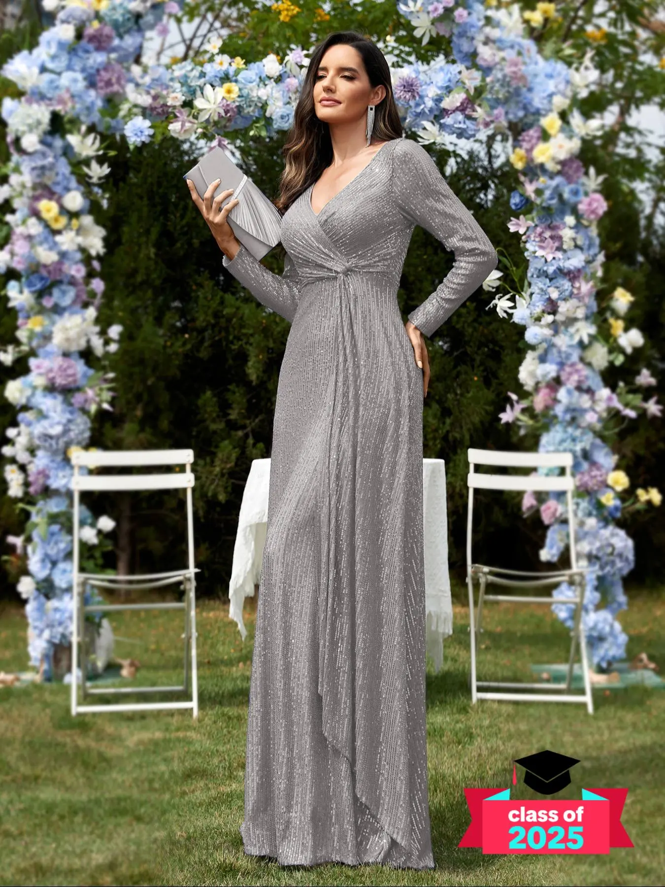 Women's  Wrap V Neck Sequins Evening Dress, Elegant Long Sleeve Maxi Dress for Party & Banquet, Ladies' Clothes for Fall & Winter