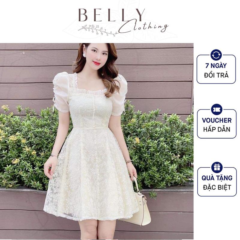 M18 - Váy Ren Hoa Nổi Tiểu Thư BELLY Clothing, Váy Thiết Kế Cổ Vuông, Gam Màu Kem Hàng 2 Lớp, Dáng Tay Bồng, Form Váy Xoè Phong Cách Hàn Quốc Nữ Women Dress