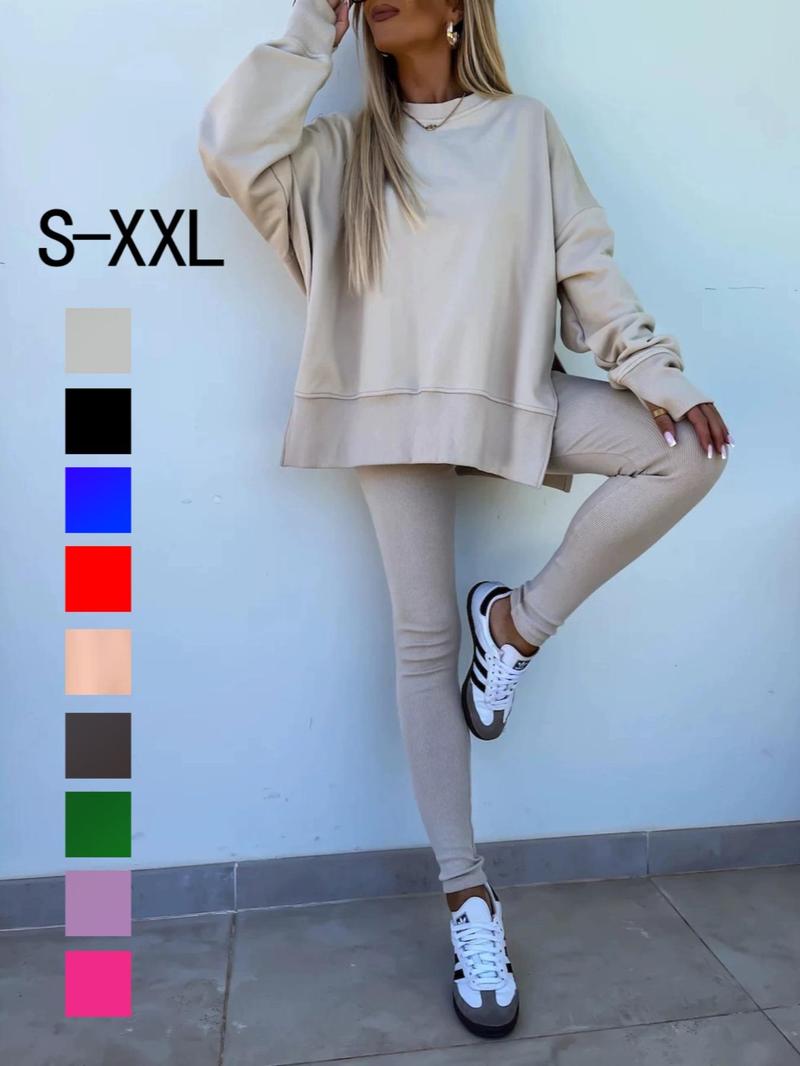 Product Introduction of Women's Solid Split Hem Sweatshirt & Pants Two-piece Set, Casual Fashion Cozy Breathable Two Piece Outfits for Daily Outdoor Wear, Ladies Clothes Fitness  for All Seasons 1