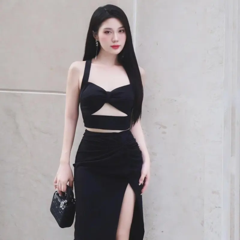 [GIÁ SỐC - Mặc đc 2 kiểu ] Đầm gút eo áo croptop 2 dây, kiểu dáng xẻ tà đi dự tiệc siêu sang Hienphamstore 7960 Buổi tối váy xoắneo Nữ Women 0
