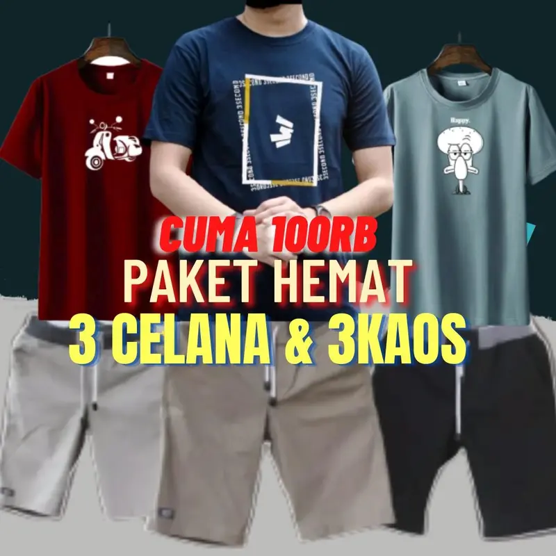 SETELAN 3 KAOS + 3 CELANA 100 RIBU BAJU PRIA CELANA PENDEK SANTAI MURAH 1
