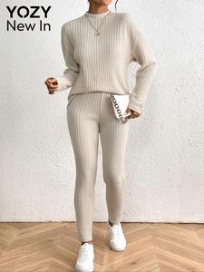 Two-Piece Set YOZY Women's Solid Ribbed Top & Skinny Pants, Casual Fashion Cozy Top & Trousers for Daily Outdoor Wear, Ladies Clothes for All Seasons, Suits